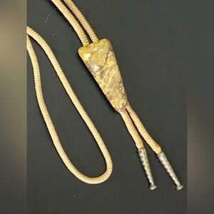 Vintage Western Stone Bolo Tie Silver Tone Natural Earth Tone Jasper / Agate